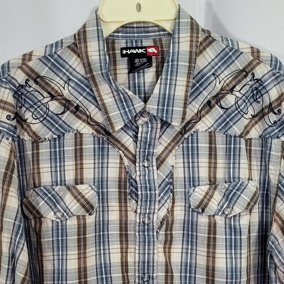 Hawk Men's Embroidered Western Plaid Long Sleeve Snap Button Down Shirt Large - Picture 3 of 6
